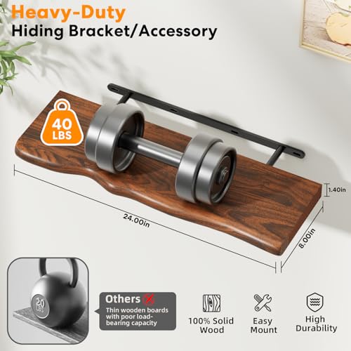 Solid Wood Live Edge Floating Shelves Set of 2 – 24" Rustic Wall Shelf with Hidden Bracket System, Wall Mounted Shelves for Bathroom, Kitchen, Living Room, Bedroom (Glazed Walnut) - color: Glazed Walnut, size: 24 inch - 2pcs
