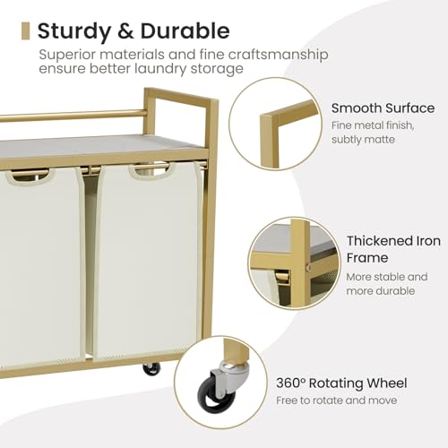SwaaVee Laundry Hamper, Laundry Basket, Laundry Sorter with 3 Removable Bags, Clothes Basket with 3 Compartments, Wheels, Shelf for Laundry Room Bathroom Bedroom (2 Bags-Golden) - color: 2 Bags-Golden