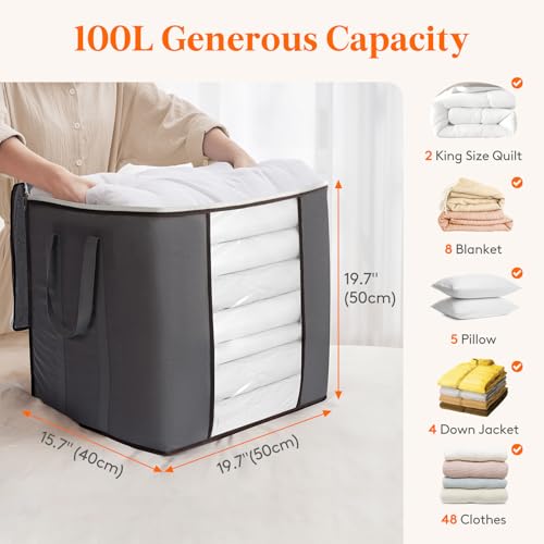 Lifewit 100L Extra Large Blanket Storage Bags, Foldable Comforter Storage with Reinforced Handles, Clothes Storage Containers for King Comforter, Bedding, Pillow, Sheet, Storage Bin with Lids 4 Pack - size: 100L