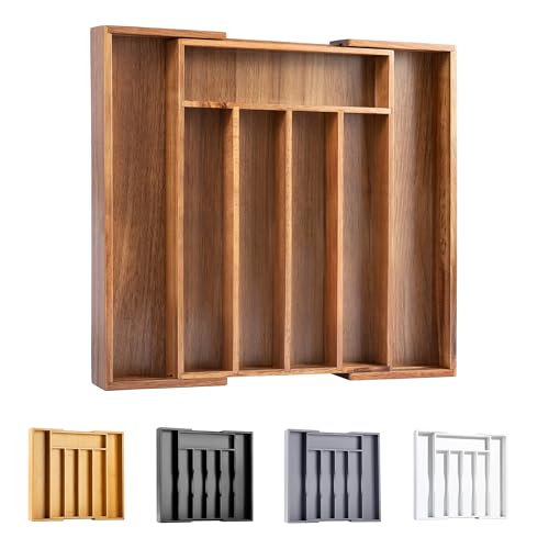 Bellsal Acacia Silverware Organizer Kitchen Drawer Organizer Expandable Bamboo Utensil Holder Cutlery Tray for Kitchen Utensil and Flatware Bedroom Office - color: Acacia, size: 7 Slots Expandable