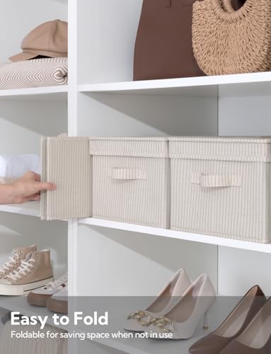 StorageWorks Storage Bins with Lids, Decorative Storage Boxes with Handles, Foldable Storage Baskets for Closet, Shelves, Stackable, Khaki Stripe, Large, 3-Pack - color: Khaki Stripe, size: Large