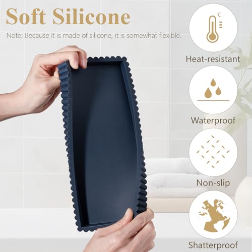 Silicone Bathroom Tray Small Vanity Organizer Rectangle Sink Caddy Sponge Holder Kitchen Counter Decor for Dish Soap, Perfume, Candle, Dark Blue - color: Dark Blue