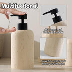 Bathroom Accessories Set, Travertine Stone-Look, 5 PCS Bathroom Accessory Set with 13.53 OZ Soap Dispenser, Toothbrush Holder, Tumbler, Vanity Tray, Cotton Swab Jars for Countertop (Yellow) - color: Yellow 5 Pcs