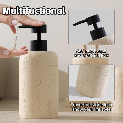 Bathroom Accessories Set, Travertine Stone-Look, 5 PCS Bathroom Accessory Set with 13.53 OZ Soap Dispenser, Toothbrush Holder, Tumbler, Vanity Tray, Cotton Swab Jars for Countertop (Yellow) - color: Yellow 5 Pcs