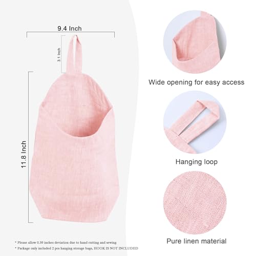 100% Linen Hanging Storage Bags Baskets 2 Pcs, Small Wall Storage Bag for Kitchen, Bedroom, RV Camper Organizer, Sewing Room, Nursery Storage, Kids Room (Pink) - color: Pink