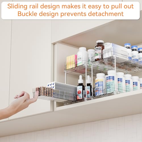 Yieach 2 Tier Sliding Spice Racks for Cabinets,4 Pack 10.4'' Deep Narrow Vertical Spice Rack Pull Out for Inside Cabinets,Kitchen,Pantry,Cupboard Seasoning,Jar Organizer and Medicine Cabinet Storage - color: Clear-4 Drawer