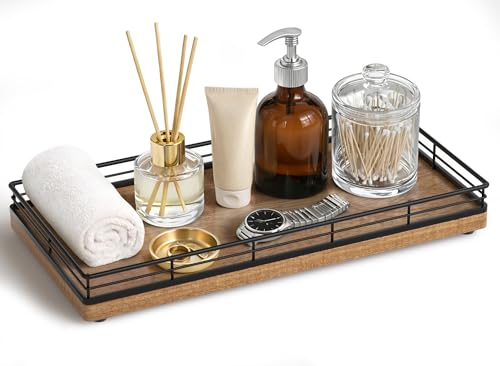 Bathroom Vanity Tray for Countertop, 12" x 6" Acacia Wood Toilet Tank Tray with Metal Guardrail, Bathroom Organizer for Soap, Perfume & Skincare, Non-Slip Decorative Tray for Dresser, Black & Acacia - color: Acacia, size: 12" x 6" x 1.5"