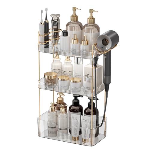 Bathroom Counter Organizer Countertop, 3 Tier Makeup Perfume Storage with Hair Dryer Rack and Toothbrush Holder, Cosmetic Tray for Vanity - Clear - color: Pearl White, size: 3 Tier-New