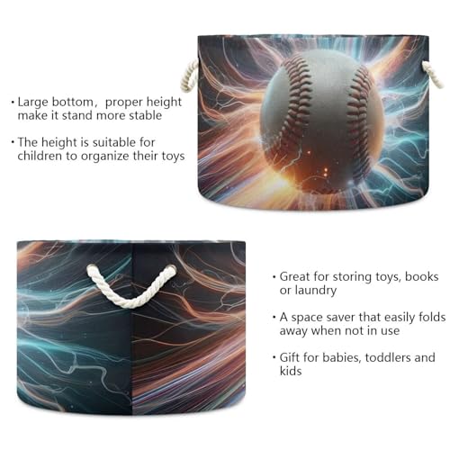 Baseball Print Round Storage Basket Sport Lightning Ball Large Laundry Hamper 20 x 20 x 14 Inches Organizer Bin with Cotton Rope Handles Clothes Storage Bag for Nursery Bedroom Living Room Decor - color: White and Red