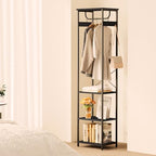 Coat Rack With Hanging Rod, Garment Rack With 3 Wooden Shelves and 4 Hooks, Freestanding Hall Tree, Industrial Clothes Rack Stand Organizer, Black - color: Black, style: with Top Shelf