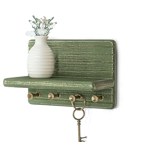 Rebee Vision Pine Wood Key Holder Wall Mount – Decorative 7-inch Key Holder for Wall with Wooden Shelf & Hooks – Room Decor Aesthetic Perfect for Various Settings (Green) - color: Green, size: Small-7inch