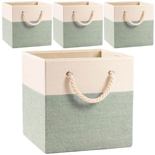 PRANDOM Large Foldable Cube Storage Bins 13x13 inch [4-Pack] Fabric Linen Storage Baskets Cubes Drawer with Cotton Handles Organizer for Shelves Nursery Closet Bedroom Beige/Green - color: Beige/Green, size: 13x13 inch(4-Pack)