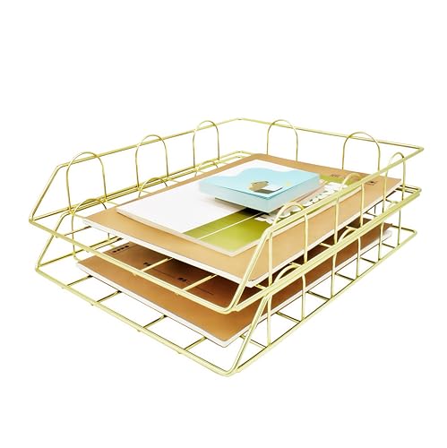 JIARI 2 Pack Desk Organizer Stackable Letter Tray Paper Organizer, Metal Desk Organizer Tray for Letter/A4 Paper Storage, for Office Supplies (Gold 2 Pack) - color: Gold 2 Pack
