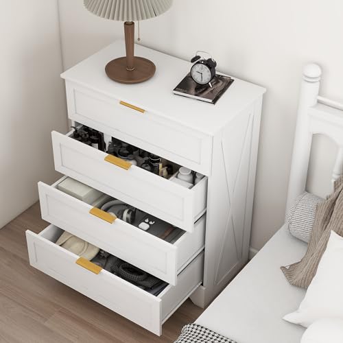 White 4 Drawer Dresser for Bedroom, Tall Bedroom Dresser with Large Drawer & Golden Handles, Wooden Storage Organizer Cabinet Chest of Drawer for Closet, Living Room, Hallway, Children's Room - color: White