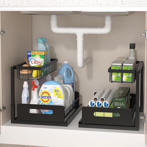 INNOVATIVE LIFE Under Sink Organizer, 2 Pack 2 Tier Under Sink Organizers and Storage, Slide Out Pull Out Cabinet Organizer Shelf, Metal Sliding Drawer for Kitchen， Bathroom，Black - size: Black (2 Pack)