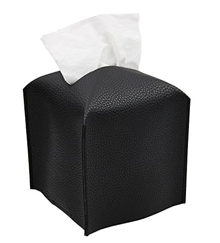 Livelab Tissue Box Cover, Square Decorative PU Leather Tissue Box Holder Modern Tissue Case Facial Paper Organizer Dispenser for Bathroom, Vanity Countertop, Night Stands, Desk, Car 5X5X5'' | Black - color: Black