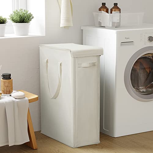 Chrislley 60L Slim Laundry Hamper with Lid Narrow Laundry Basket with Handle Upgrade Foldable Dirty Clothes Hamper Portable Skinny Hamper Organizer Storage Bins (25.6 inches,beige) - color: beige