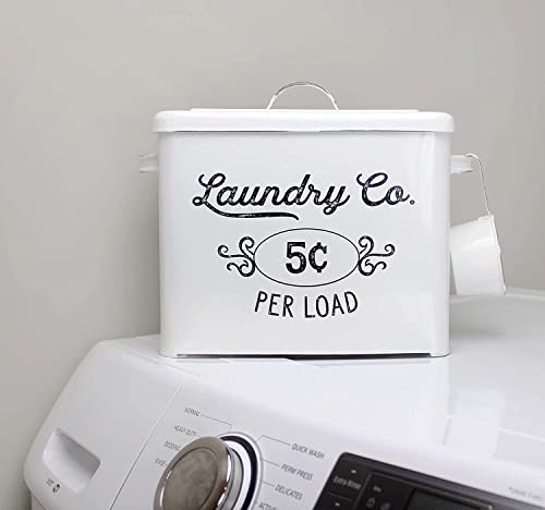 AuldHome Design Farmhouse Laundry Powder Container, White Enamelware Detergent Bin w/Scoop