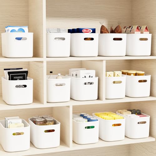 ORGIDOL 10 Pack White Plastic Storage Bins, Storage Container for Organizing, Storage Boxes with Handle for Shelves, Cute Organizer Bins for Craft, Snacks, Pantry, Cabinet, 9.69x6.7x5.7 inch - color: White, size: 10Pack