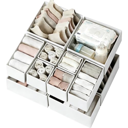 Criusia Drawer Organizer Clothes 12 Pack - Fabric Closet Organizers and Storage for Nursery Organization - Dresser Drawer Dividers for Baby Clothes/Socks/Underwear/Bras - College Dorm Room Essentials - color: White, size: 12 Pack