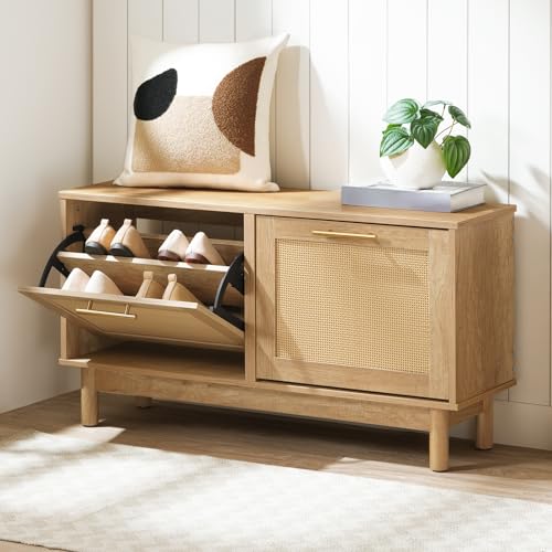 HOOBRO Shoe Storage Bench, Rattan Entryway Bench with 2 Flip Drawers, 39.4'' Hidden Shoe Cabinet with Adjustable Shelves, Comfort Seat Holds 300lb, Large Capacity Fits 8-12 Pairs, Natural NL51HX01 - color: Natural
