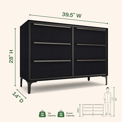 tinge Naima Premium 6 Drawer Fabric Dresser - Heavy Duty Metal Frame with Sag-Proof Storage Drawers for Clothes - Durable Midnight Black Bedroom Chest & Sleek Metal Handles - color: Midnight Black, size: 14"D x 39.5"W x 28"H (6 Drawers)
