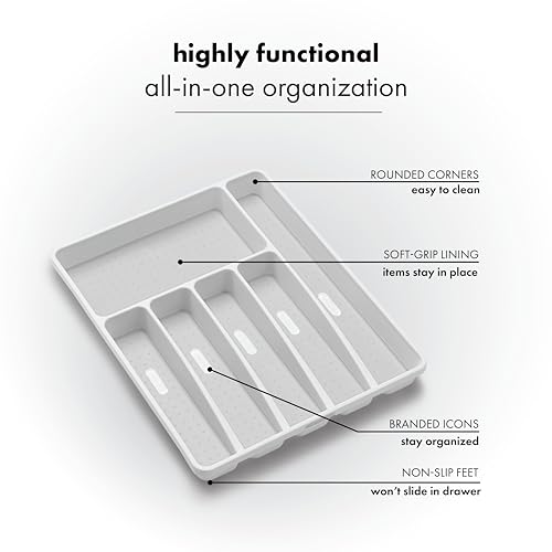 madesmart Classic Large Silverware Tray - White |CLASSIC COLLECTION | 6-Compartments| Kitchen Drawer Organizer | Soft-Grip Lining and Non-Slip Rubber Feet | BPA-Free (Pack of 6) - size: Classic 6 Compartment (Pack of 6)