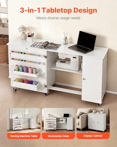 VEVOR Folding Sewing Table, Multipurpose Sewing Machine Table with Cabinet, Compact Design, Wheels, Wooden Pegs, Storage Trays and Shelf, Magnetic Door, Craft Station and Side Desk for Home, White - size: White w/ Cabinet