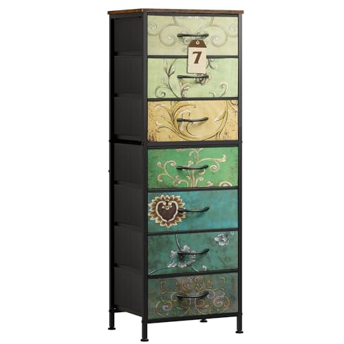 WLIVE Tall Dresser for Bedroom, 7 Drawer Dressers & Chests of Drawers, Fabric Dresser for Closet, Living Room, Night Stand with Metal Frame, Storage Tower with Fabric Bins, Wood Top, Floral Painted - color: Floral Painted, size: 11.73"D x 15.67"W x 45.28"
