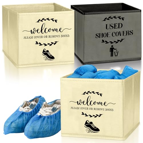 2 Pcs Shoe Cover Boxes Dispenser Foldable Storage Bins, Used Shoe Covers and Welcome Please or Remove Sign Entryway Basket Holder for Open House Supplies(Dark Gray, Beige) - color: Dark Gray, Beige