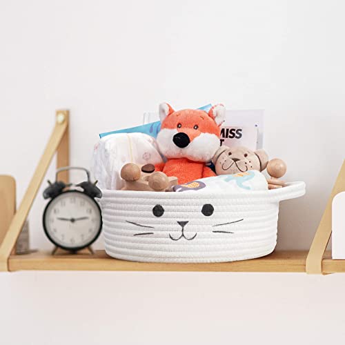 Small Woven Basket, Cute Cat Toy Basket for Living Room, Decorative Nursery Bin for Toys, Diapers, Empty Gift Baskets for Baby, White, 9.8 x 4 inches - color: White, size: 9.8"W x 4"H