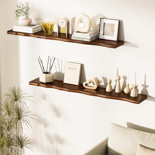 Floating Shelves for Wall Rustic Farmhouse 48 Inch Floating Shelf Bathroom Wooden Shelves for Wall Mounted Live Edge Pine Shelf with Unique Natural Grain for Living Room Bedroom Kitchen (Walnut) - color: Walnut, size: 48 inch - 1pc