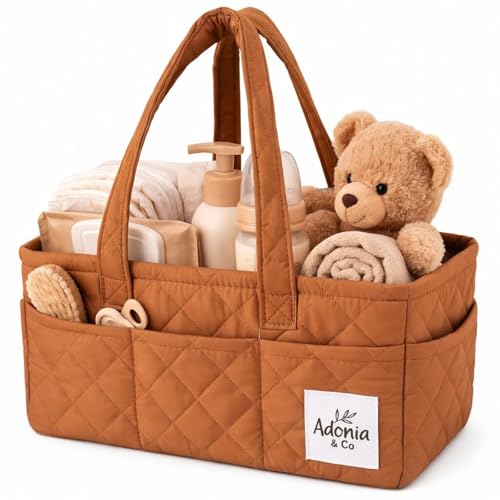 Adonia & Co Diaper Caddy Organizer – Nursery Storage Basket for Newborn Essentials Must Haves & Baby Must Haves – Portable, Machine Washable Baby Diaper Bag Organizer (Brown) - color: Brown