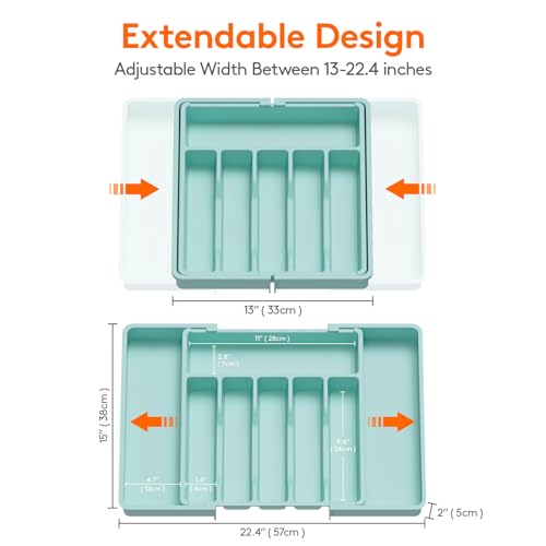 Lifewit Silverware Drawer Organizer, Expandable Utensil Tray for Kitchen, BPA Free Flatware and Cutlery Holder, Adjustable Plastic Storage for Spoons Forks Knives, 13-22 x 15", Turquoise - color: Turquoise, size: XL (13-22''W x 15''D)