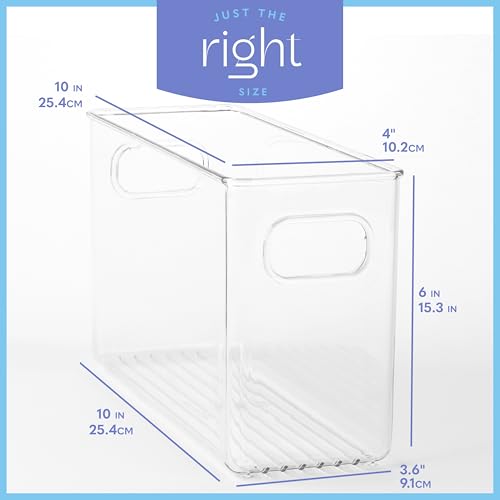 Plastic Food Storage 2 Pack Clear Container Bin with Handles for Organizing Kitchen, Pantry, Refrigerator, Freezer, Pantry, Cabinet, Closet, Bathroom. 10”x4”x6” - size: 10x4x6