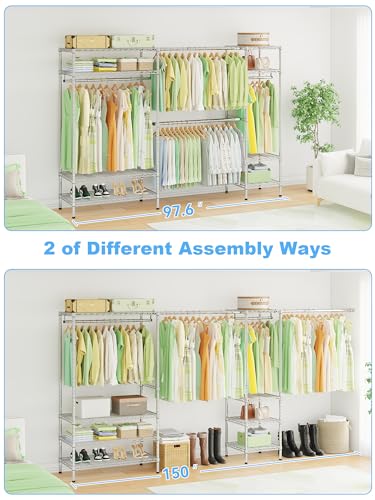 Ulif E11 Heavy-Duty Garment Rack, Metal Freestanding Clothes Rack and Closet Storage Organizer System with 8 Shelves and 4 Hanger Rods, (73.2-97.6)" W x 14.5" D x 71.2" H, Load 1034 LBS, Chrome - color: Chrome