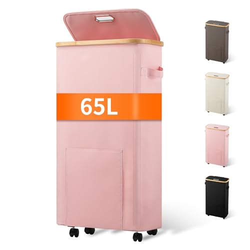 Vincona Laundry Basket with Wheels, Tall Dirty Clothes Hamper on Wheels, Rolling Laundry Hamper with lid for Dorm, Bedroom and Bathroom - color: Pink, size: 65L