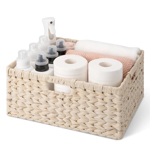 GRANNY SAYS Basket for Organizing, Wicker Storage Baskets for Shelves, Woven Baskets for Storage, Waterproof Shelf Baskets for Living Room, Rectangular Woven Basket with Handles, 1-Pack - color: Butter Milk, size: 16 ½"L x 13"W x 7 ½"H