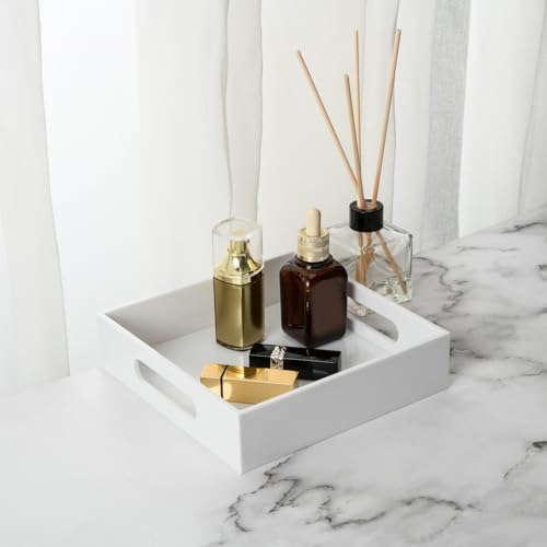 KEVLANG White Sturdy Acrylic Tray with Handles-8x8 Inch- Countertop Organizer Tray for Kitchen,Bathroom,Office- Storage Box for Cosmetics, Jewelry,Toiletries,Toy,Gadgets - color: Glossy White, size: 8" x 8" x 2"