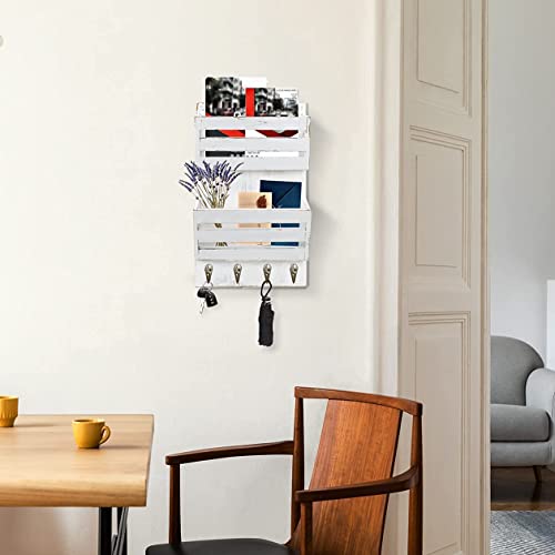 Unistyle Mail Holder with Key Hooks Mail Organizer Wall Mount Hanging Mail Organizer for Home,Office,Entryway,Mail Holder Wall Mounted for Letter, Magazines, Keys, Leashes - color: Rustic White