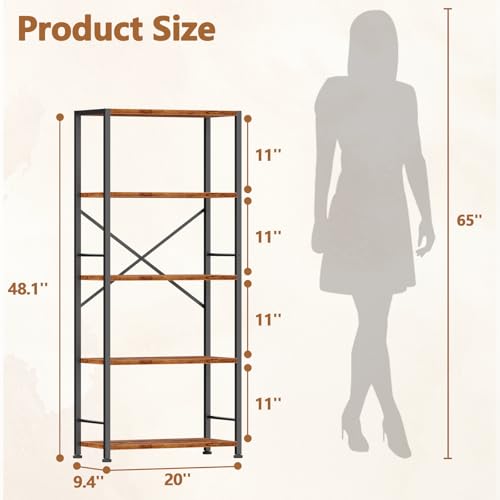 Furologee 5 Tier Book Shelf Set of 2, Tall Wide Bookshelf, Industrial Open Bookcase, Display Shelves Storage Organizer, Shelving Unit for Living Room, Home Office, Bedroom, Rustic Brown - color: Rustic Brown, size: 5 Tier - 20"W-2 PCS