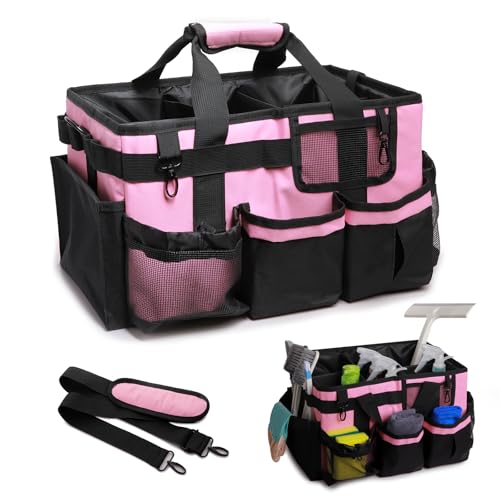14 inch Large Cleaning Supplies Organizer, Pink Tool Bag with Handle & Adjustable Shoulder Straps, Cleaning Bags for Housekeepers, Cleaners, Cleaning Supply Caddy - color: Pink