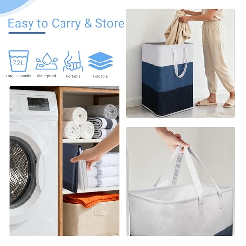 Stylish Freestanding Laundry Hamper with Portable Handles,72L Foldable Laundry Basket with Waterproof Liner,Bathroom Dirty Clothes Hamper,Multi-purpose Storage Bag Space-saving for Home,Dorm,RV(Blue) - color: Blue