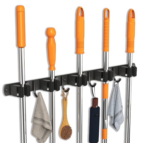 CUXIXA 2 Pack Mop and Broom Holder Wall Mount, Non-slip Broom Hanger Wall Mount, Heavy Duty Mop Broom Organizer for Kitchen Garden Garage Laundry Room Wall Decor Organization and Storage Black 5R4H - color: Black, size: 2Pack 5R4H