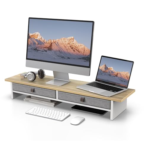 Fenge Monitor Stand with Drawer, 2 Tiers Dual Monitor Riser for Desk, 35 Inch Computer Stand for 2 Monitors, Desk Shelf for Home, Office, Laptop, PC, TV, Printer - color: Oak