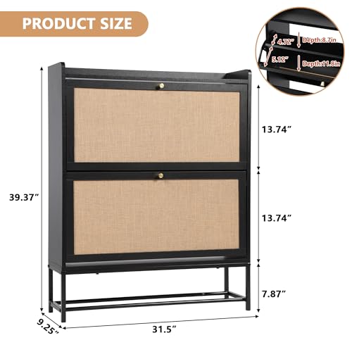 AVZEAR Narrow Shoe Storage Cabinet for Entryway with 2 Flip Drawers, Freestanding Shoe Cabinet with Natural Linen Panel, Slim Wood Shoe Organizer Closed Shoe Rack for Hallway, Foyer(Black) - color: Black, size: 2 Drawers