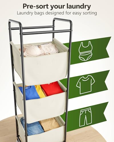 3 Section Laundry Sorter with Removable Bags, 120L Rolling Vertical Laundry Hamper, Stackable Laundry Baskets organizer for Bathroom, Apartment, Dorm (Beige, With Wheel) - color: Beige, size: With Wheel