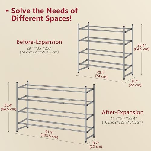 Tajsoon Expandable Shoe Rack for Closet 4 Tier, 29“-41“Adjustable & Stackable Shoe Shelf Storage, Metal Shoe Rack Organizer for Front Door Entrance, Closet, Garage, Entryway, Grey - color: Grey, size: 4 Tier
