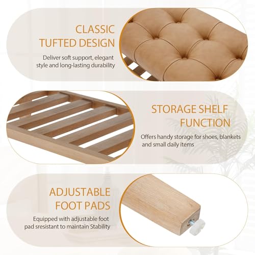 Farmhouse Upholstered Storage Entryway Bench with Shoe Shelf, 2 Tier Faux Leather Button Tufted Bench with Wooden Frame for End of Bed/Hallway/Reception/Living Room, Brown - color: Brown