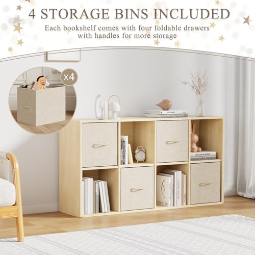 8 Cube Storage Organizer - Solid Wood Bookshelf with 4 Storage Bins, Cube Shelf with 2 Removable Back Panels, Vertical or Horizontal Bookcase, Open Book Shelf for Bedroom, Living Room, Office - size: 8 Cube Shelf